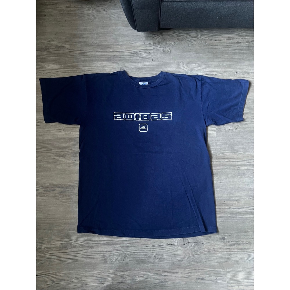 Vintage Adidas Men's Short Sleeve T-Shirt Navy Block Letters 90s Size Large
